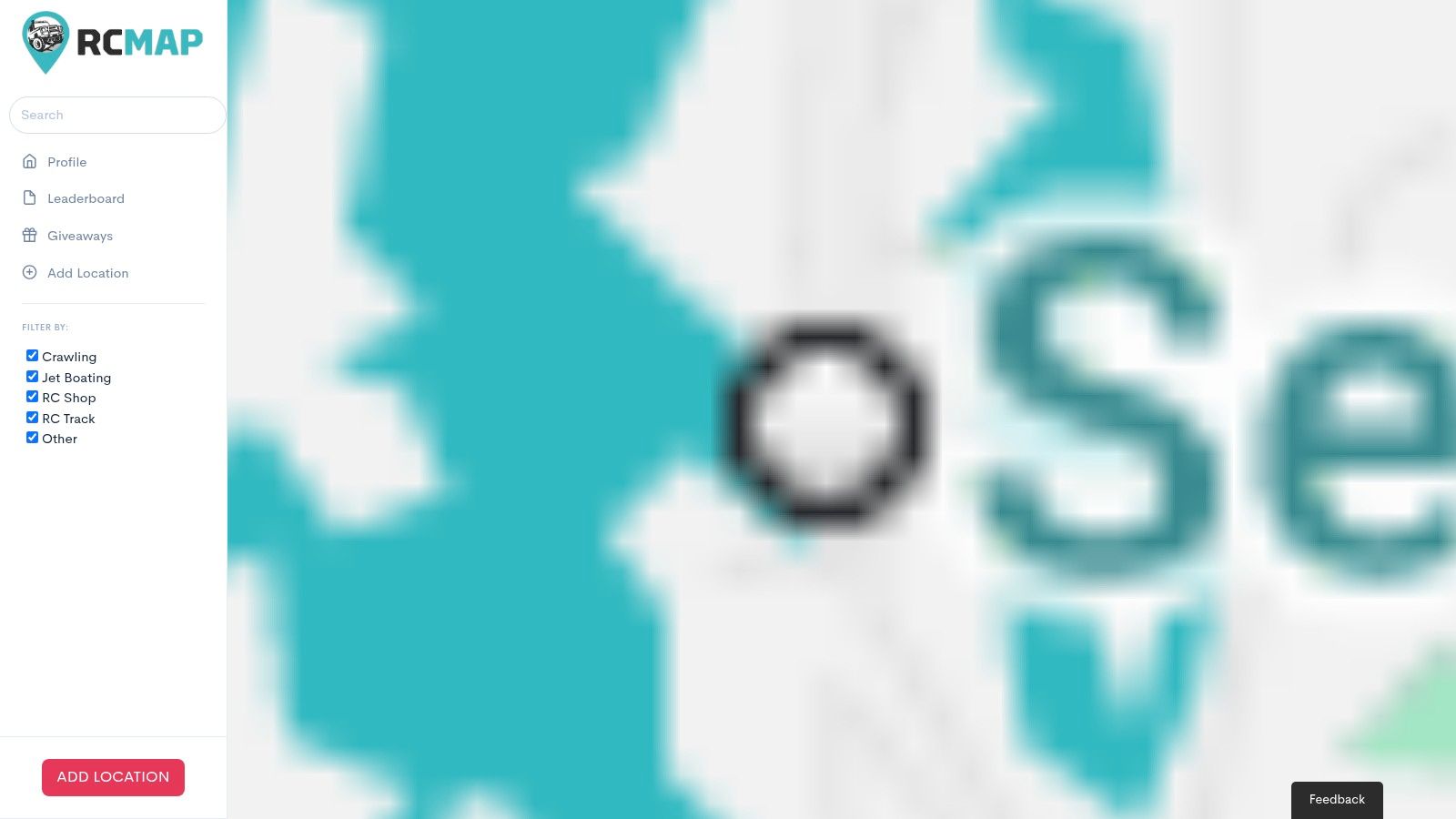 A mobile view of the RCMap.io app showing various user-submitted RC locations on a map.