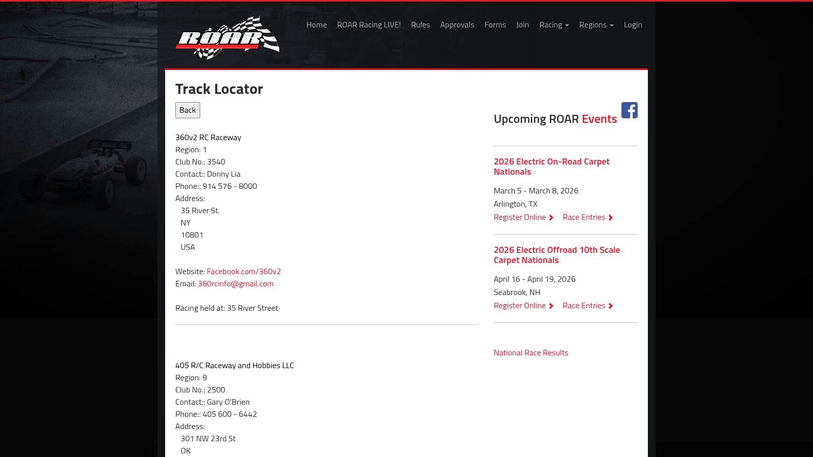 ROAR (Remotely Operated Auto Racers) – Track/Club Locator
