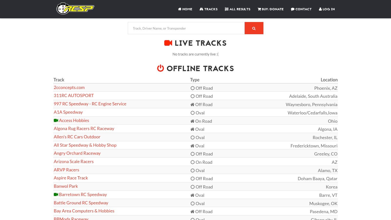 The RC Scoring Pro – Tracks List website showing a filterable list of RC tracks.