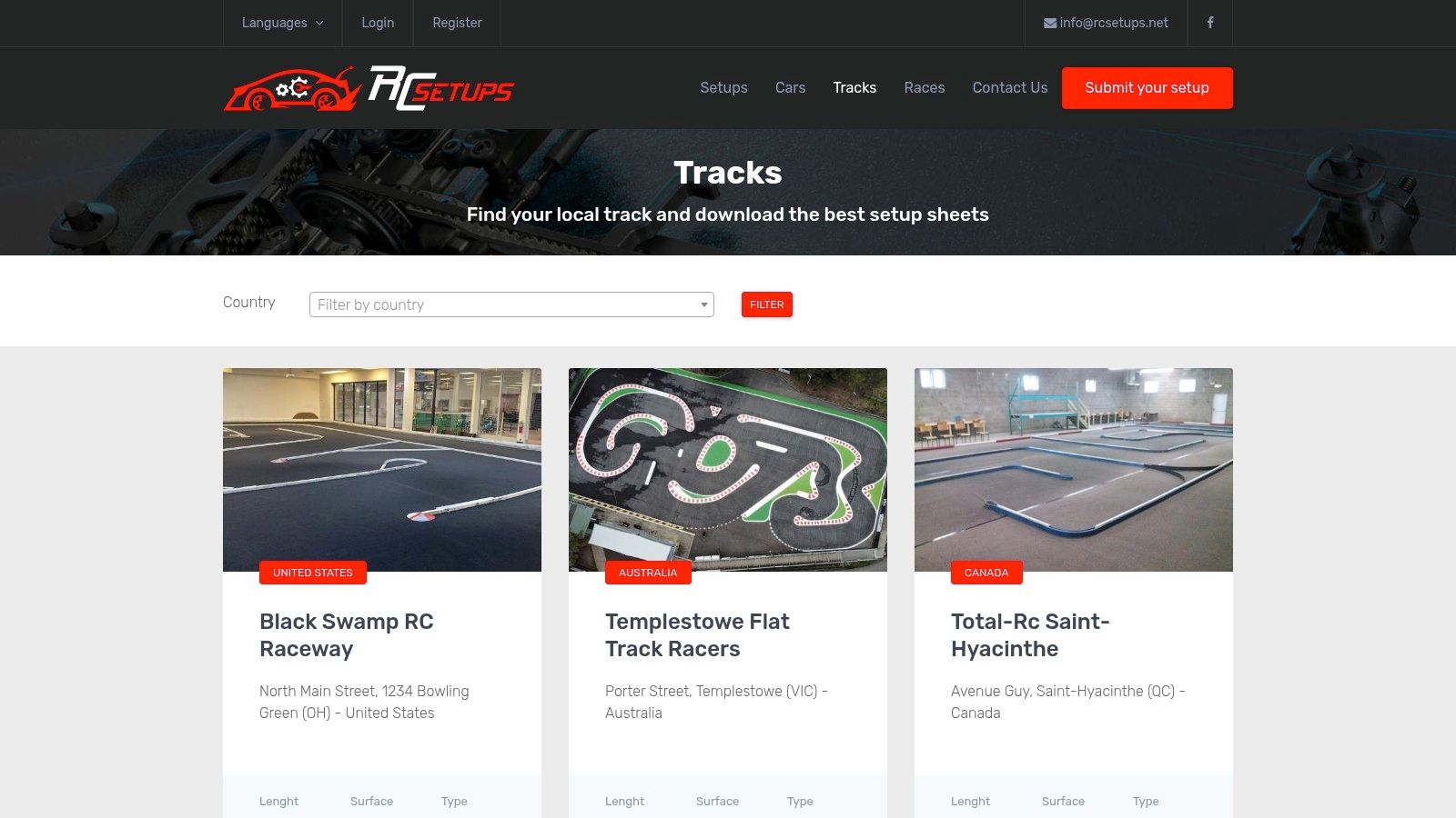 A list view of RC car race tracks on the RC Setups website.
