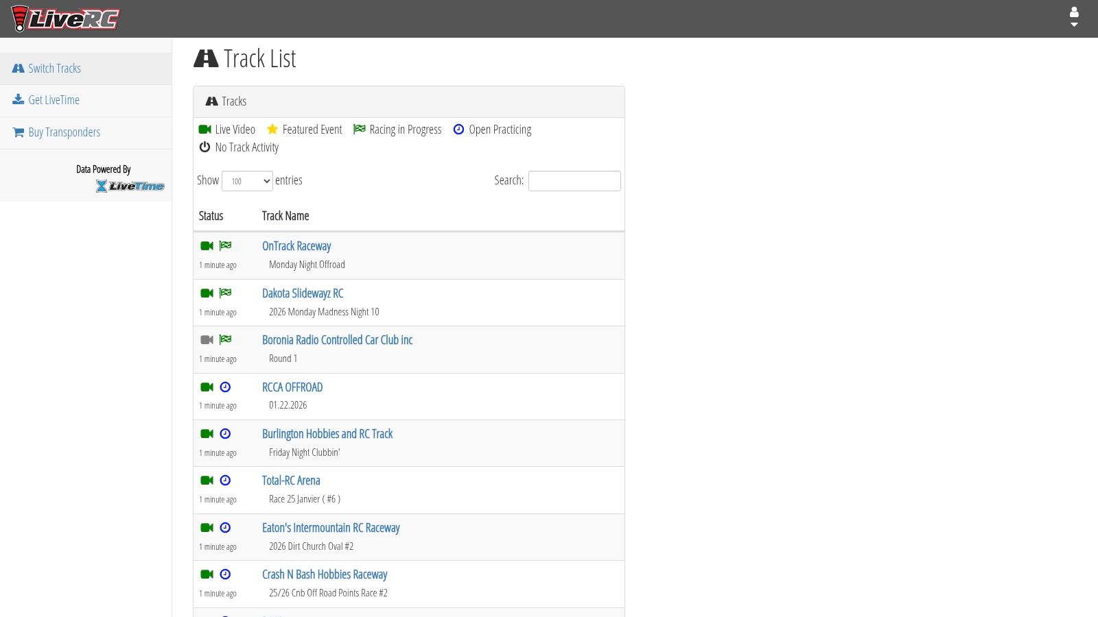 A list view from the LiveRC website showing various RC tracks with status indicators