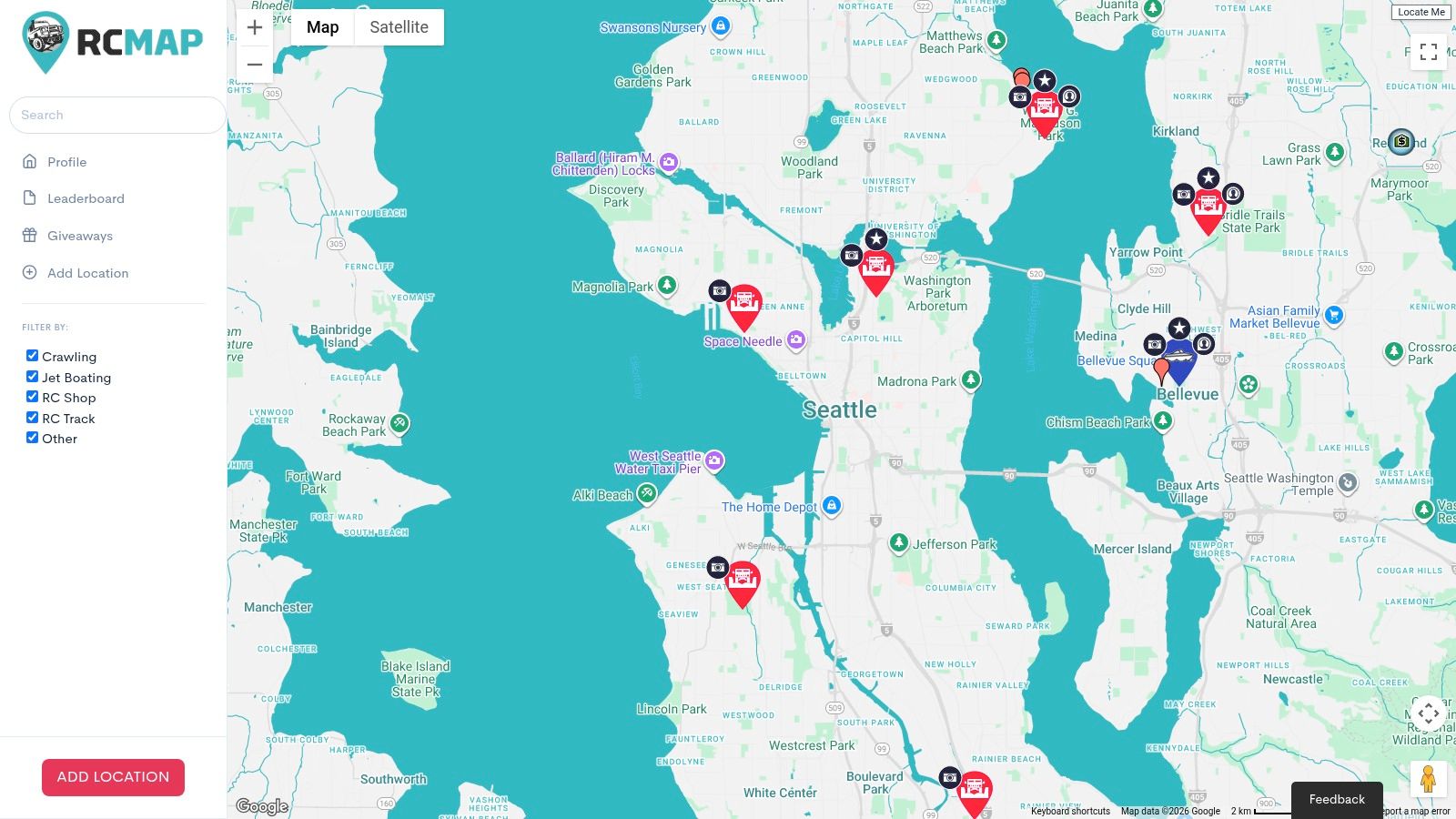 A screenshot of the RCMap.io interface showing a map with various pins indicating different types of RC locations.