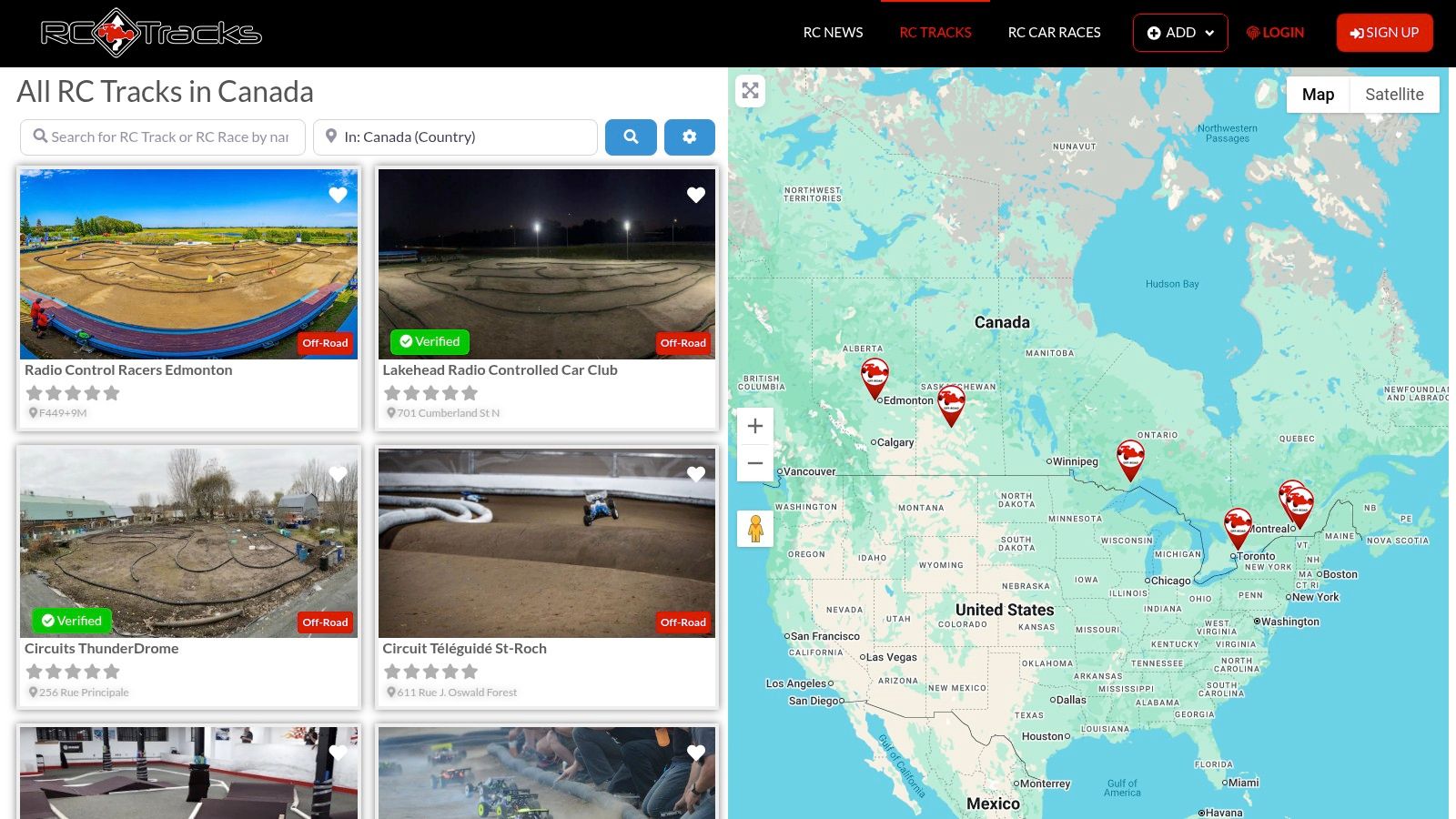 A screenshot of the RCTracks.io website showing the Canadian directory of RC tracks with filter options.