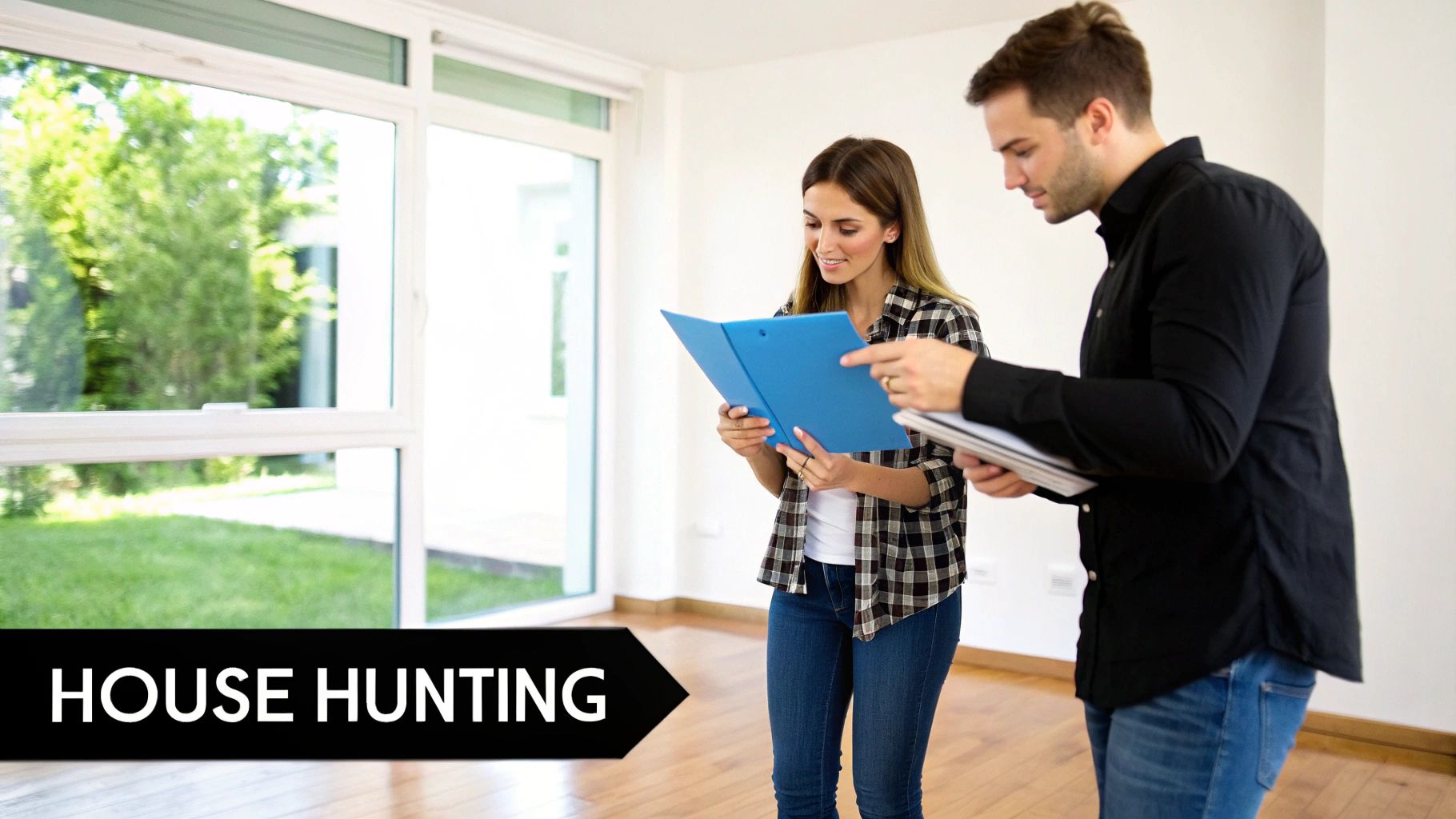Two people looking at a house for sale, pointing and discussing its features.