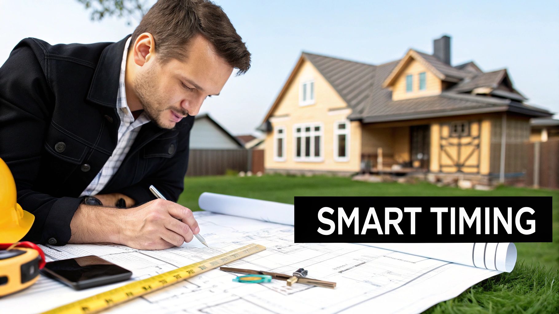A blueprint on a table with a hard hat and calculator, symbolizing real estate development planning.