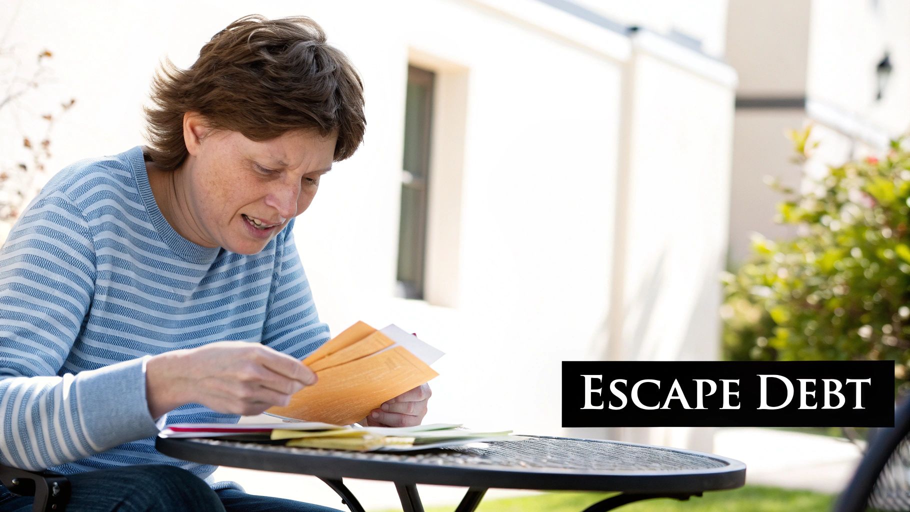 Woman reviewing finances at a table with a laptop, looking relieved.