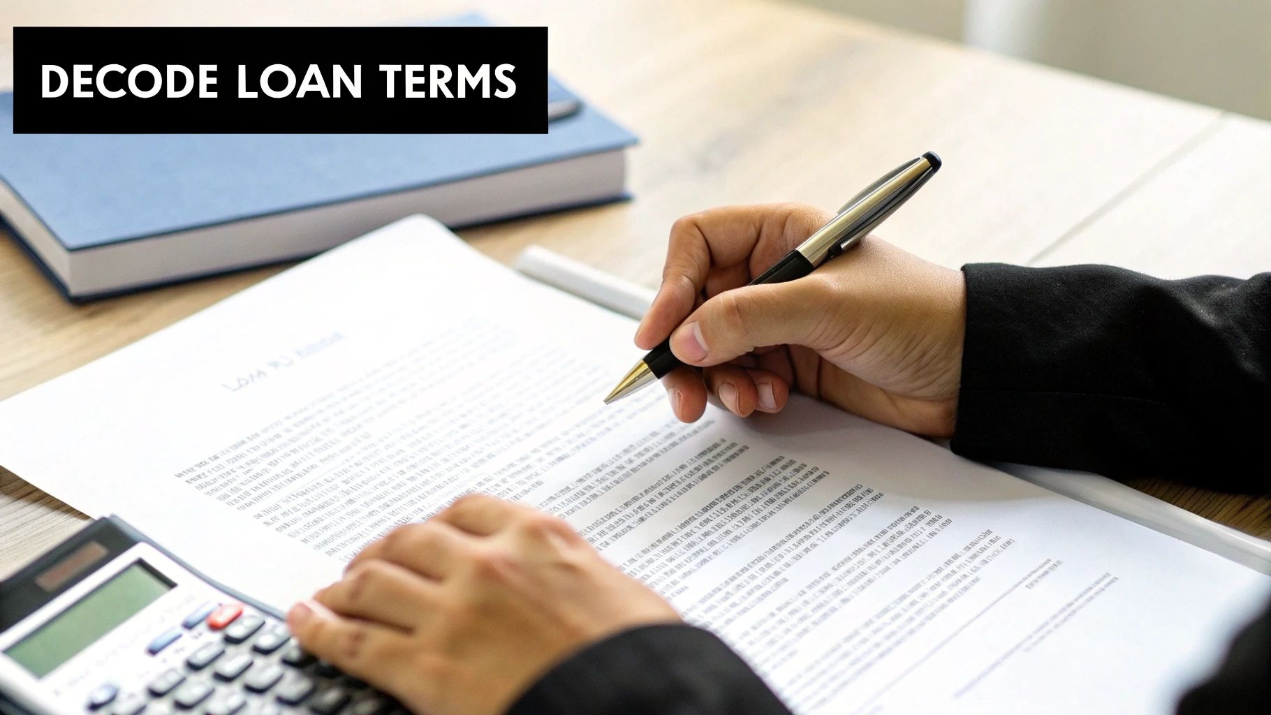 A person carefully reviewing a loan contract with a magnifying glass, with car keys on the table next to them.