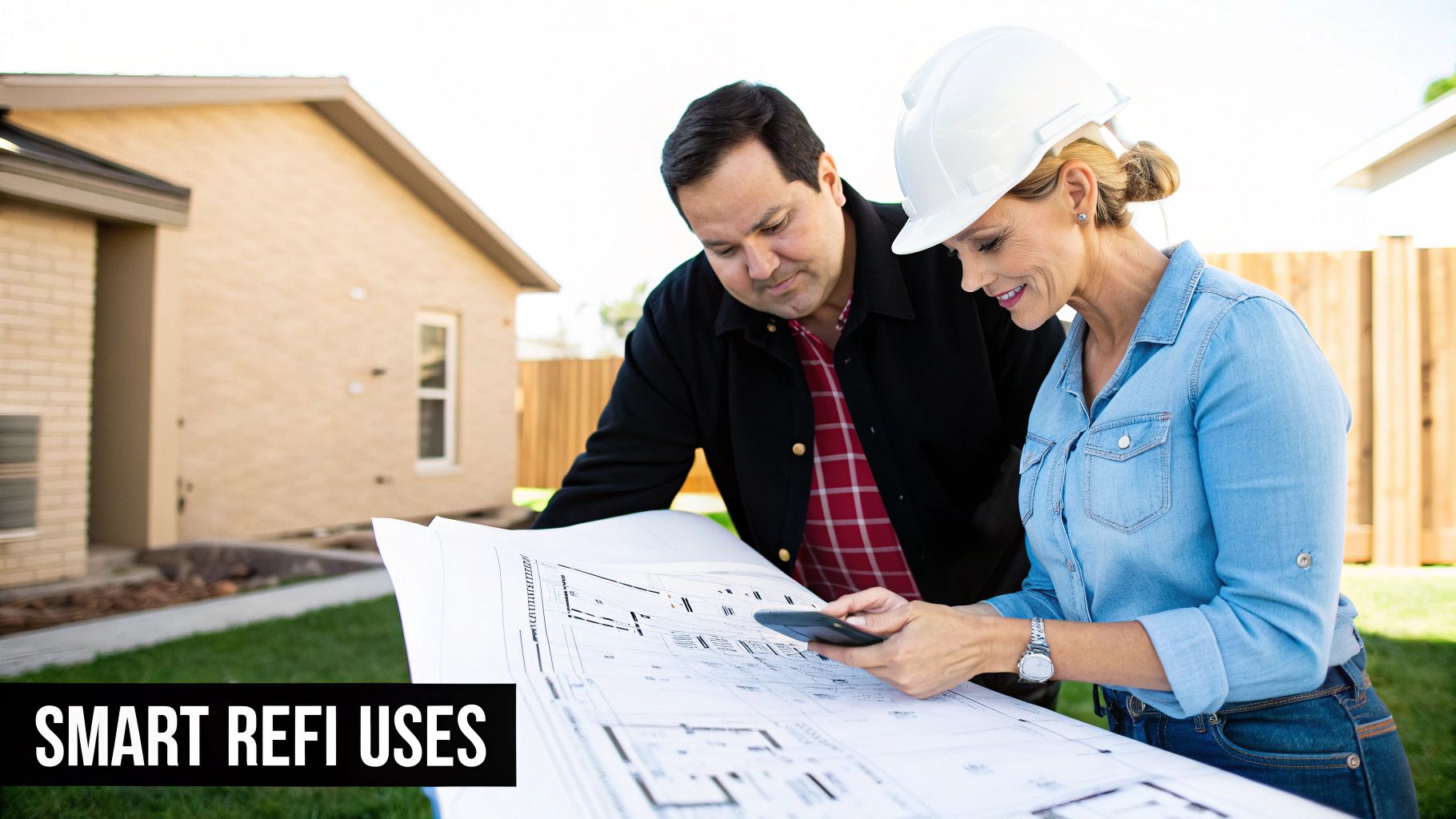 A homeowner smiling while looking at home renovation plans on a tablet