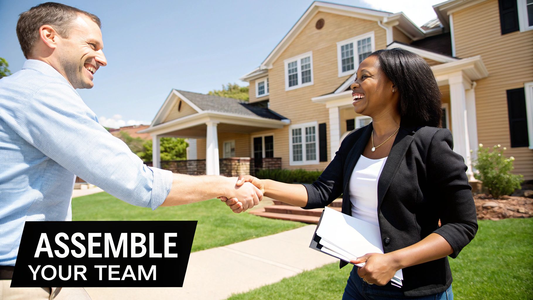 A real estate agent showing a young couple a property on a tablet while standing outside a house.