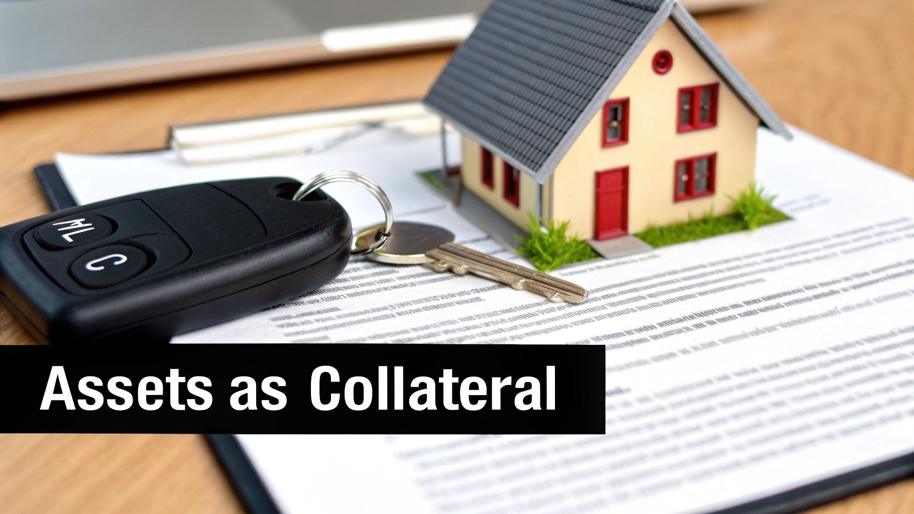 A person handing keys to a lender in exchange for a loan document, symbolizing the use of an asset as collateral.