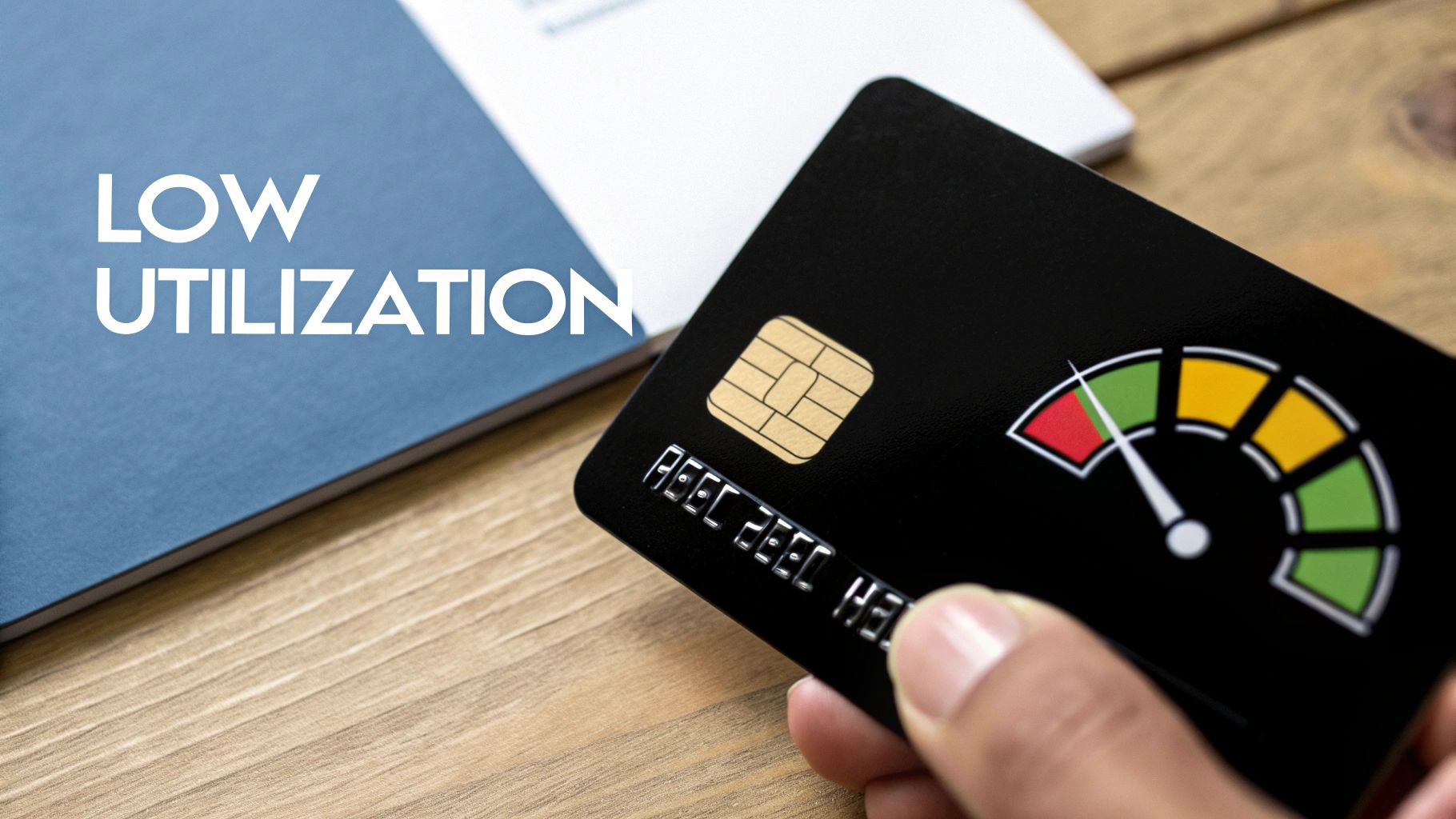 A visual representation of a credit utilization gauge, with the needle pointing to a low percentage, indicating healthy credit usage.