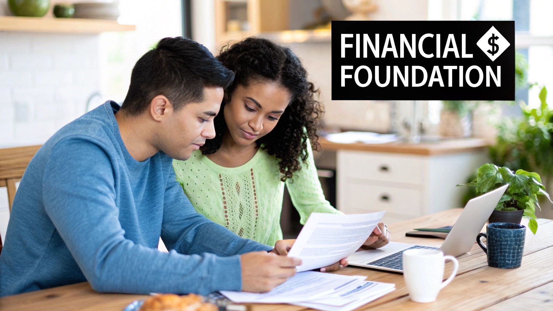 A person reviewing financial documents and using a calculator with a house key nearby.