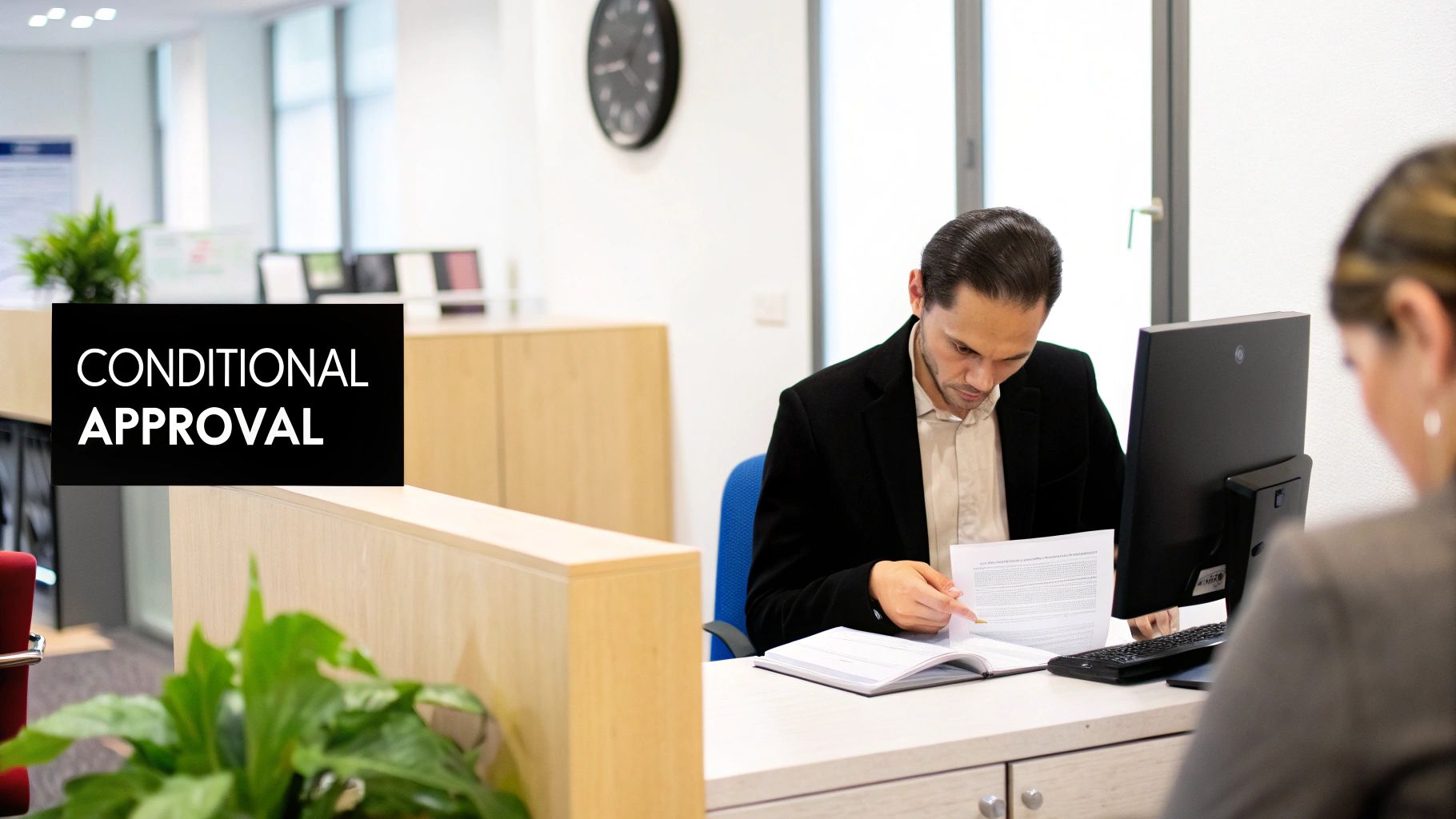 An underwriter carefully reviewing loan documents on a desk with a calculator and coffee.