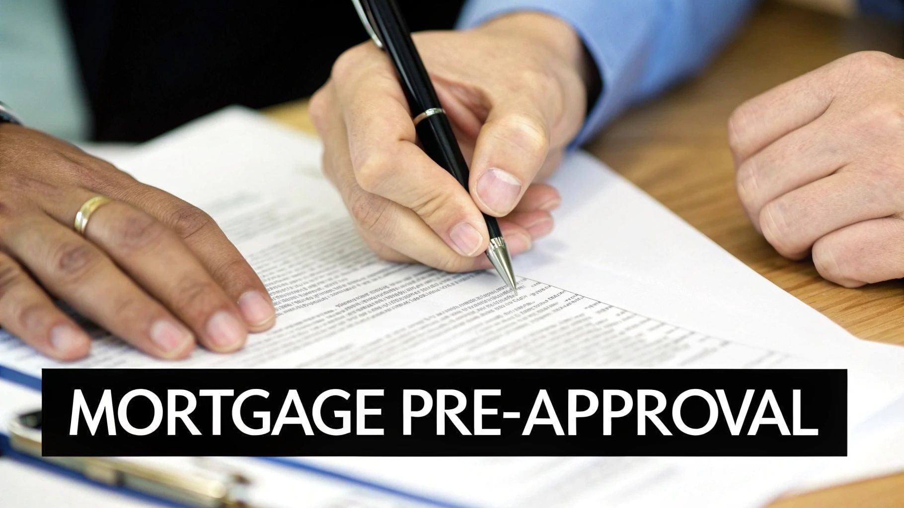 A person confidently signing mortgage pre-approval documents at a desk.