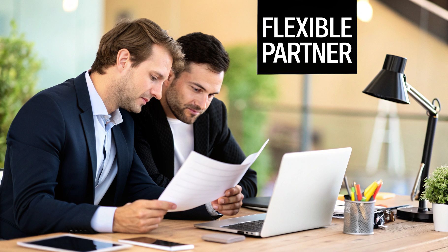 A group of professionals in a modern office, discussing a real estate deal.