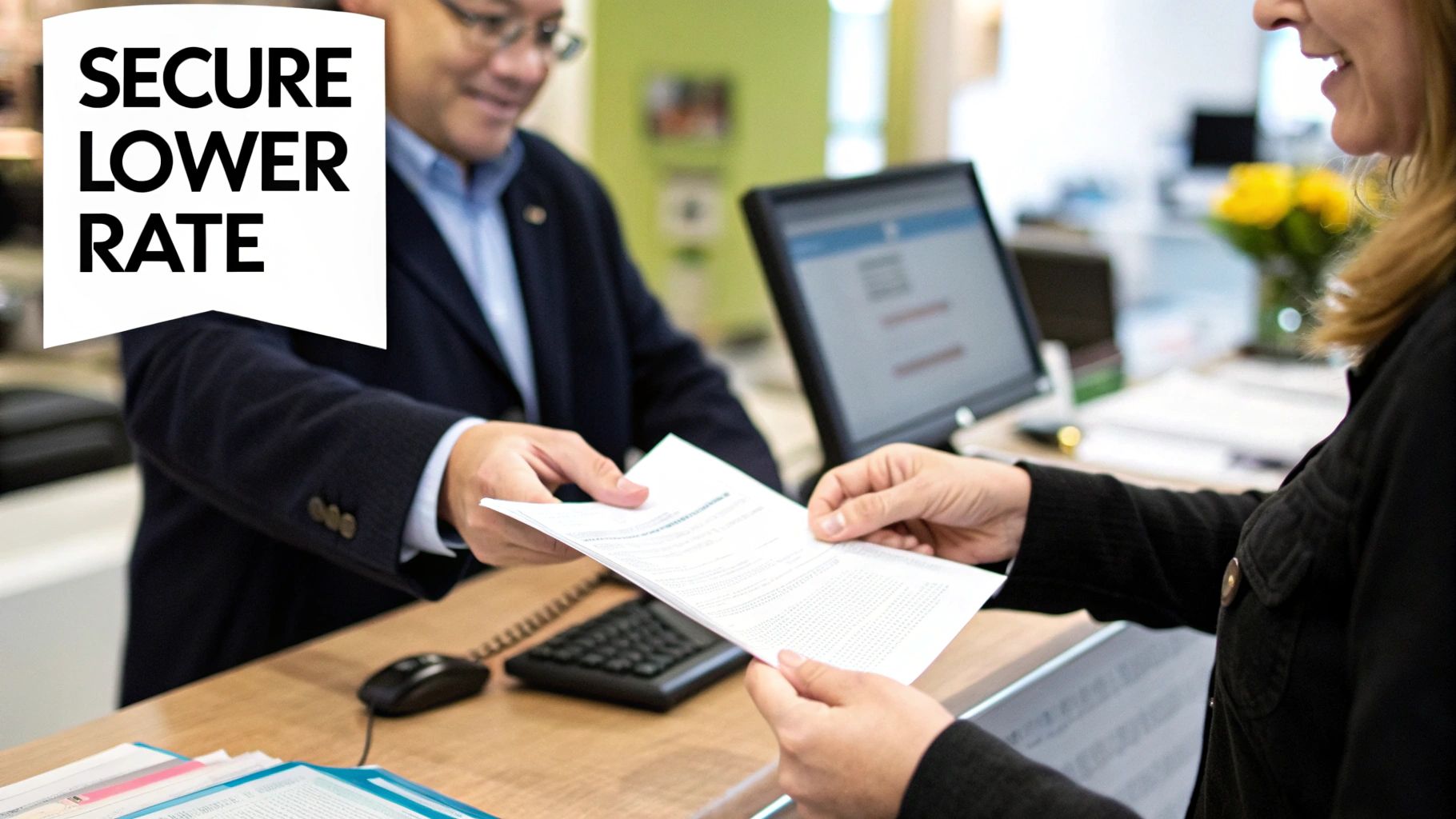 A person confidently shaking hands with a car dealer after securing a good loan rate