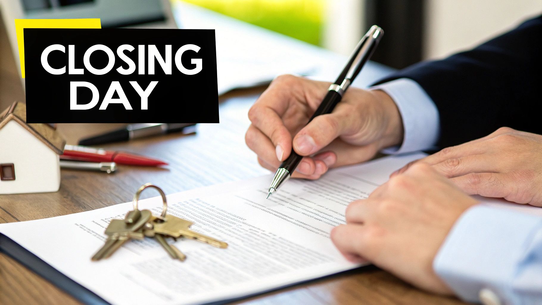 A smiling couple receiving the keys to their new home from a real estate agent at a closing table.