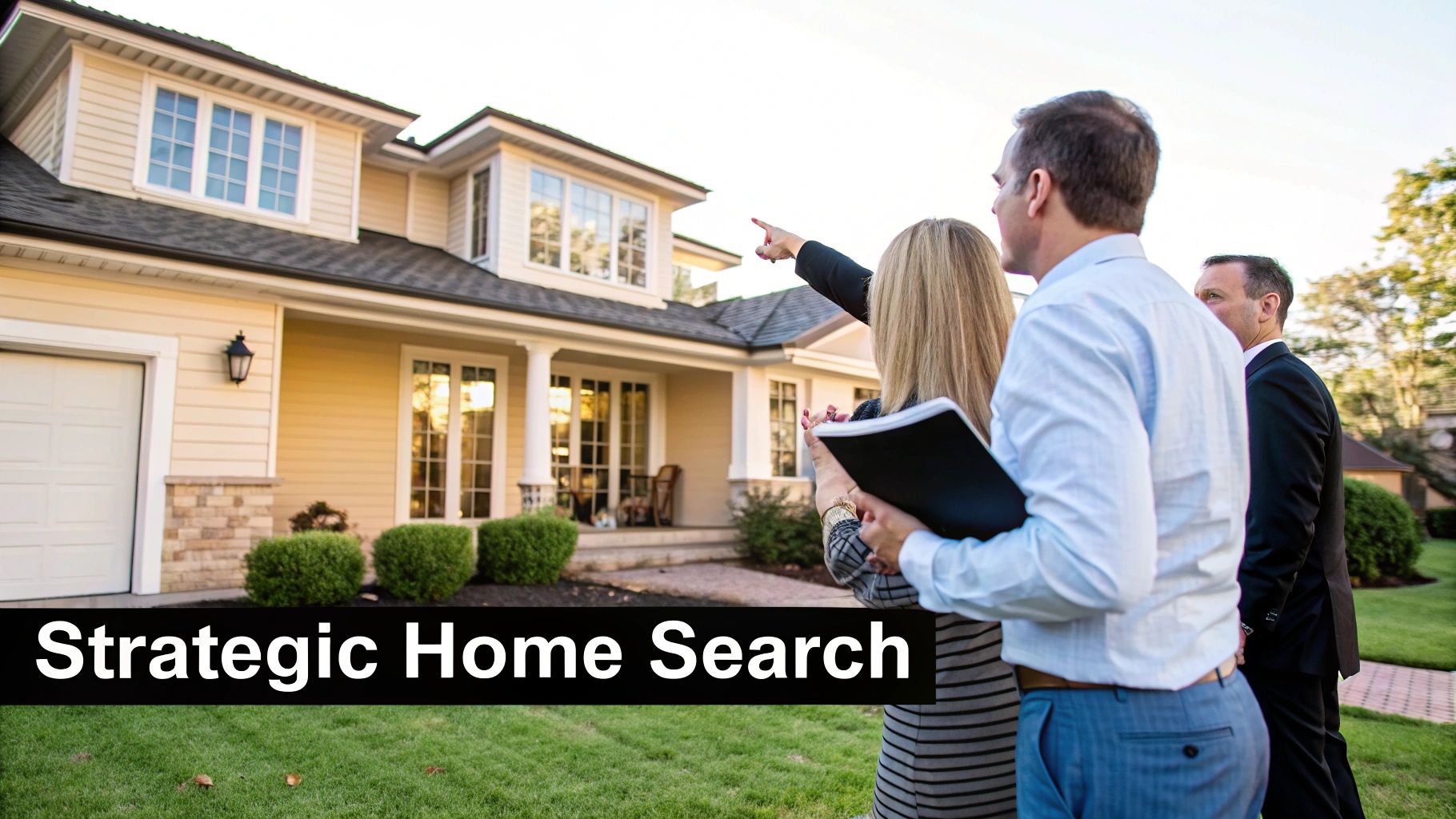 A real estate agent showing a modern home to a couple.