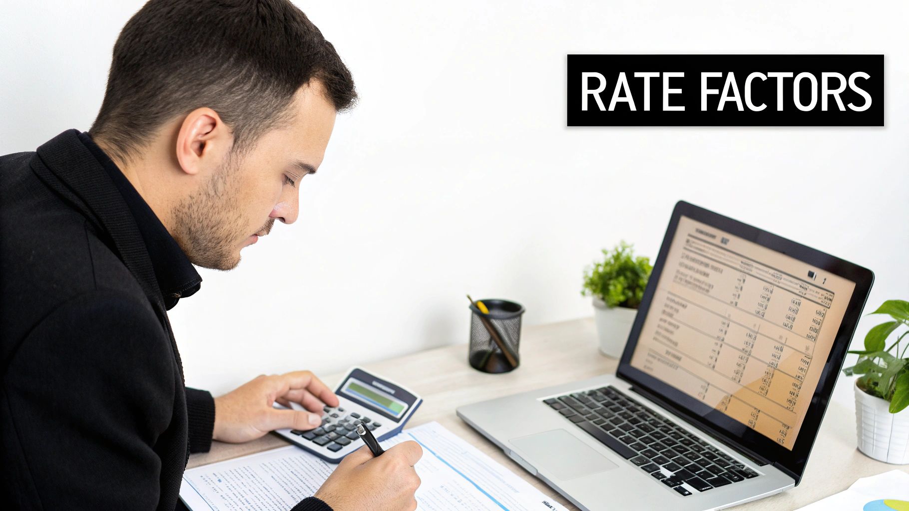 A business owner reviewing financial documents on a laptop, calculating loan rates.