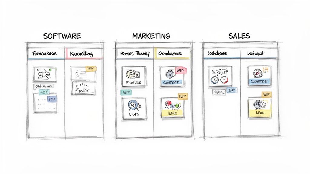 Hand-drawn Kanban board illustrating workflow across software, marketing, and sales departments with tasks and WIP status.