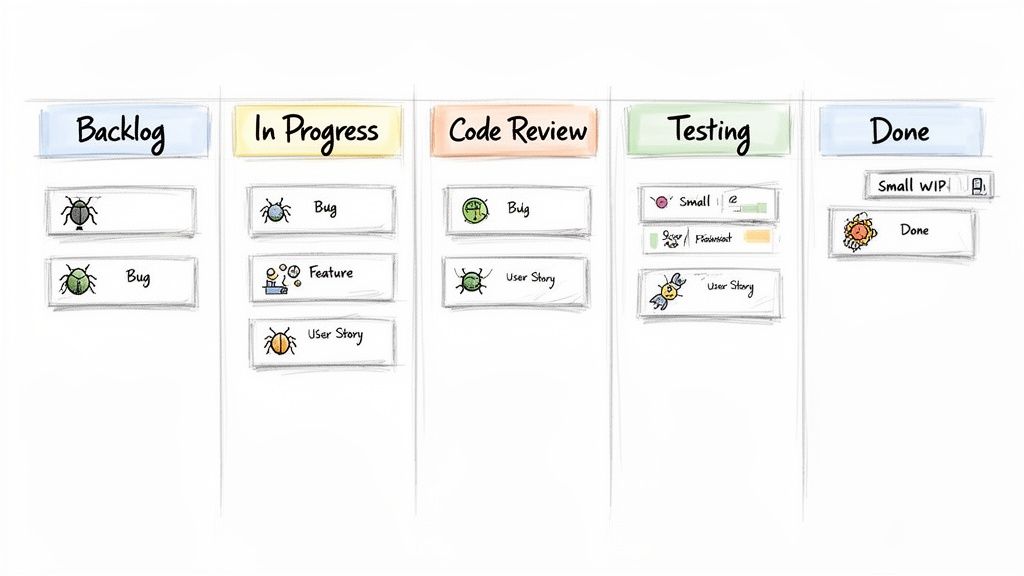 A hand-drawn Kanban board visualizes software development workflow with tasks across Backlog, In Progress, Code Review, Testing, and Done columns.