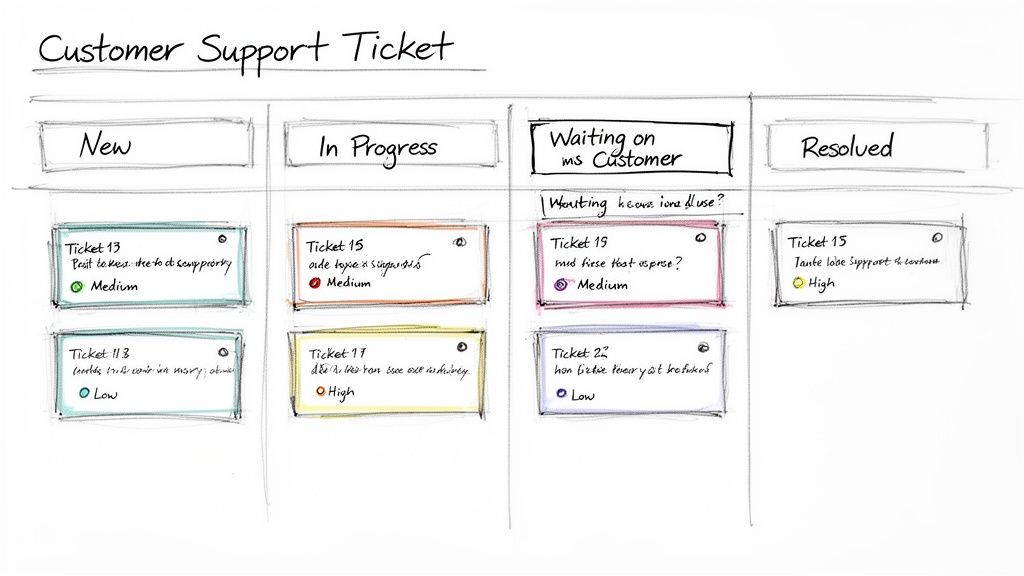 Hand-drawn Kanban board showing customer support tickets in various stages: New, In Progress, Waiting, Resolved.