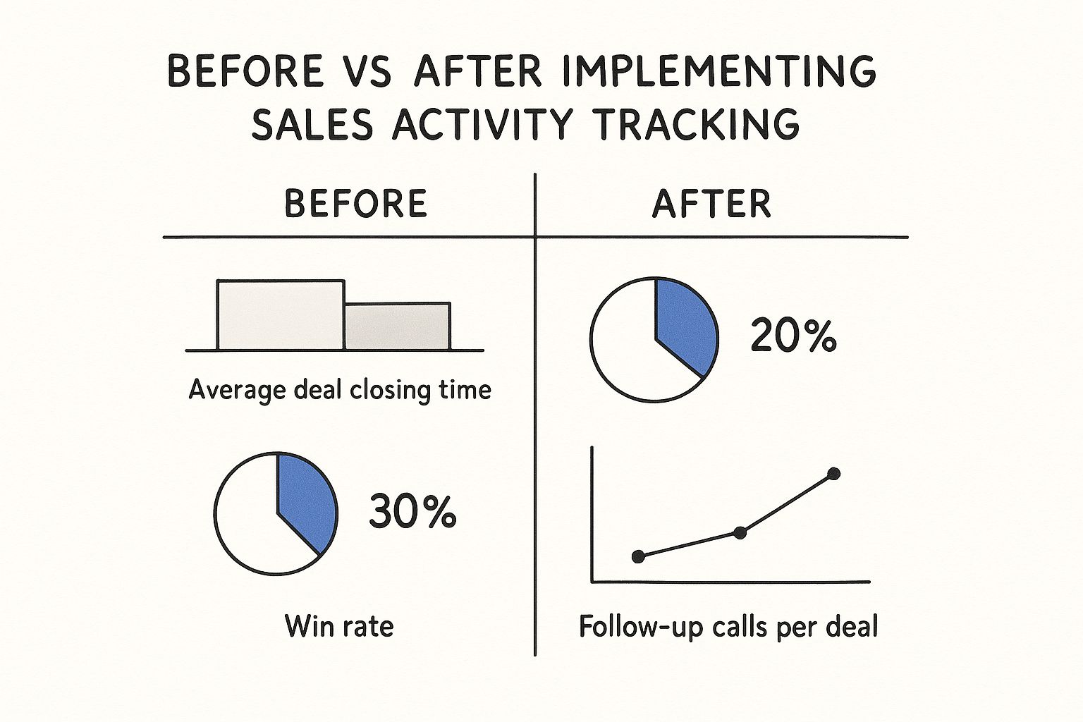 An infographic comparing key sales metrics before and after implementing sales activity tracking, showing improvements in deal closing time, win rate, and follow-ups.
