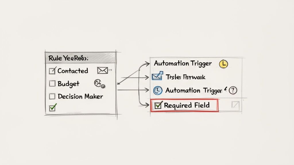 Hand-drawn diagram illustrating a sales process workflow with automation triggers and required fields.