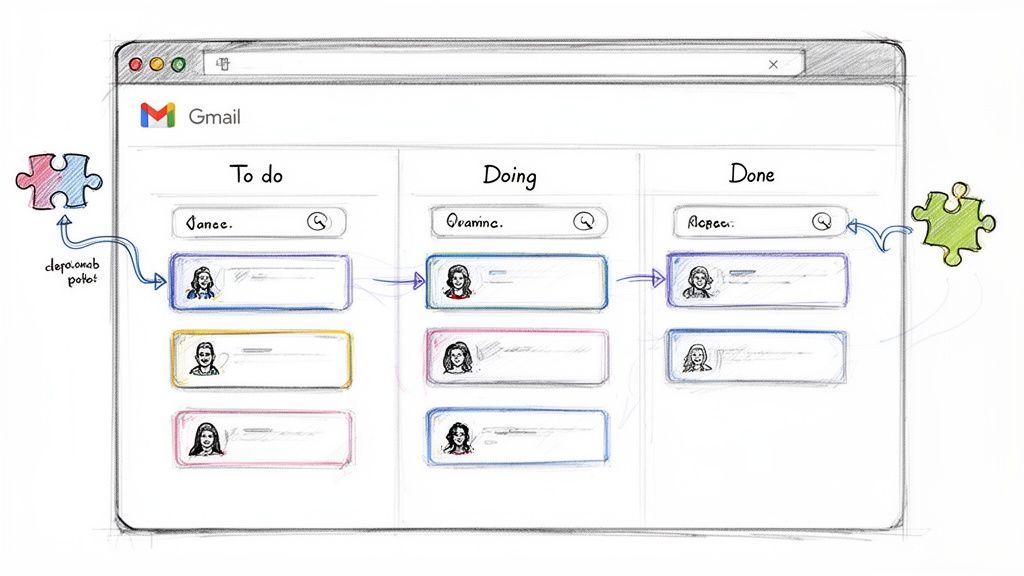 A hand-drawn sketch of a Gmail-themed Kanban board showing tasks, users, and workflow stages.