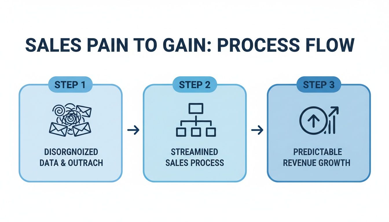 A three-step process flow diagram illustrating sales transformation from disorganized data to predictable revenue growth.