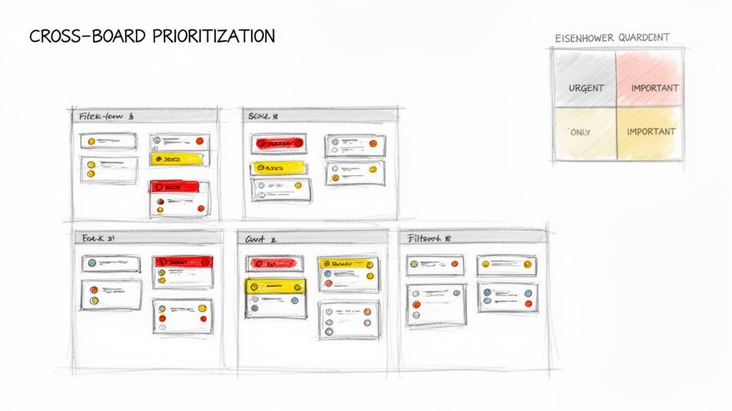 A diagram illustrating cross-board prioritization using an Eisenhower matrix with color-coded tasks on multiple boards.