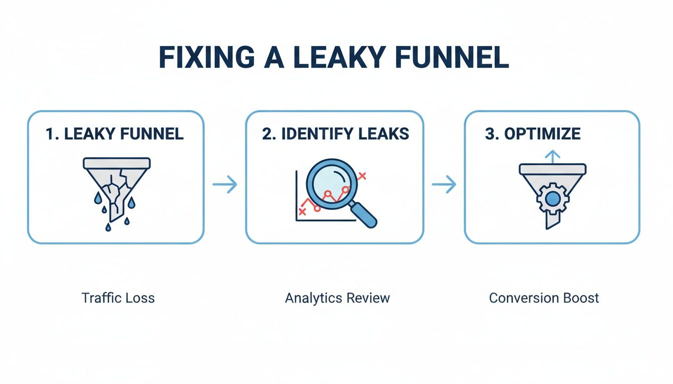 Diagram illustrating three steps to fix a leaky sales funnel: identifying issues, reviewing analytics, and optimizing conversions.