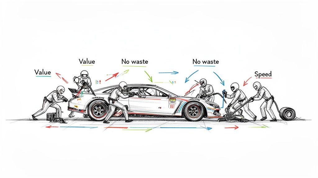 Race car pit stop demonstrating lean methodology with concepts of value, no waste, and speed optimization.