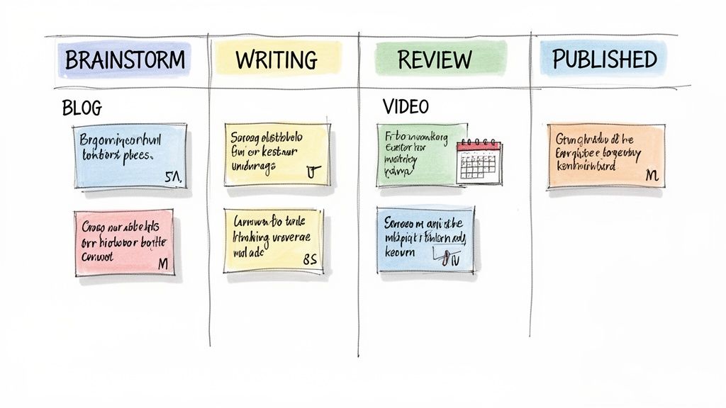A hand-drawn content creation Kanban board showing different stages for blog and video tasks.