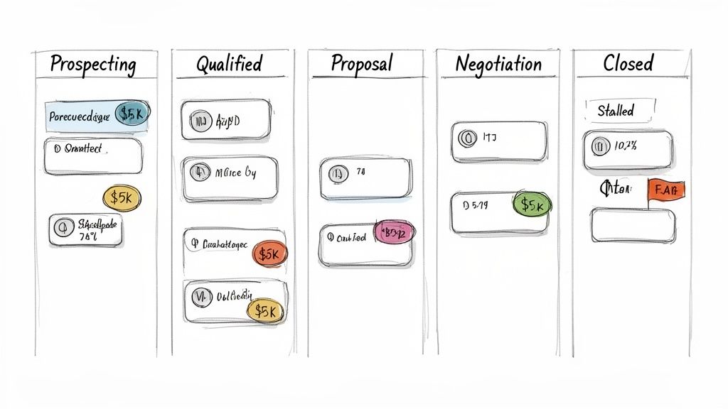 A handwritten Kanban board illustrating project or sales workflow stages with cards and monetary values.