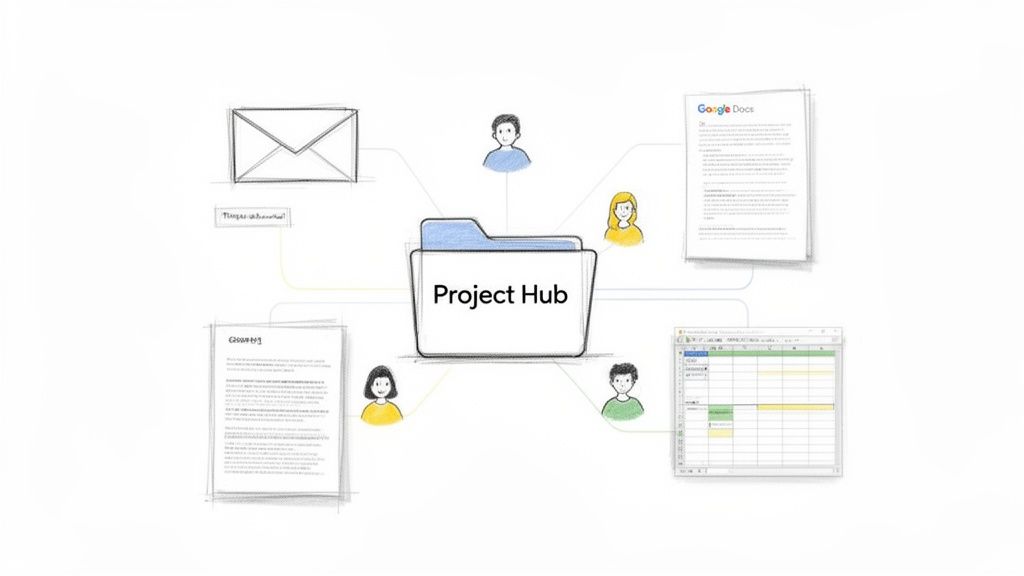 A central 'Project Hub' folder connects documents like Google Docs, a spreadsheet, email, and team members.