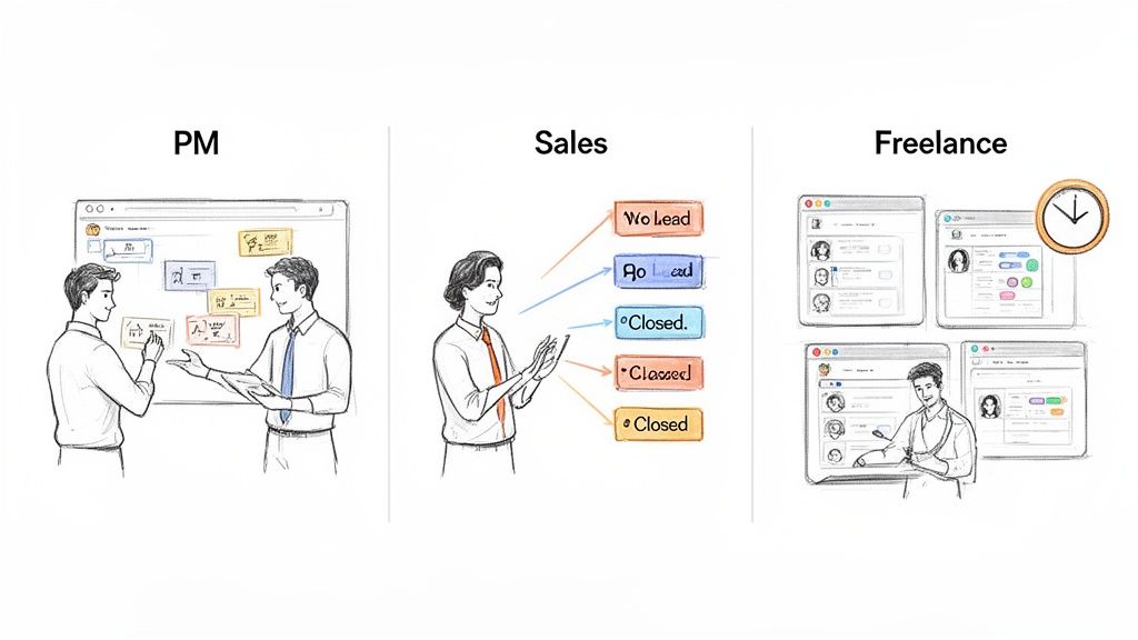Illustrative sketch showing different professionals managing tasks: project managers, sales pipeline, and freelancers' workflow.