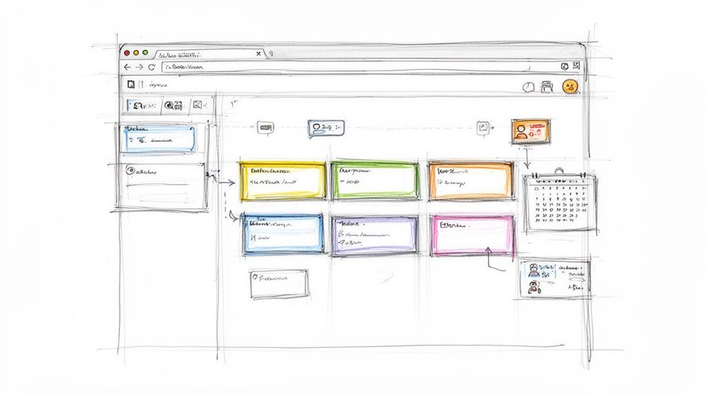Hand-drawn wireframe sketch of a web browser interface with colored task cards and a calendar.