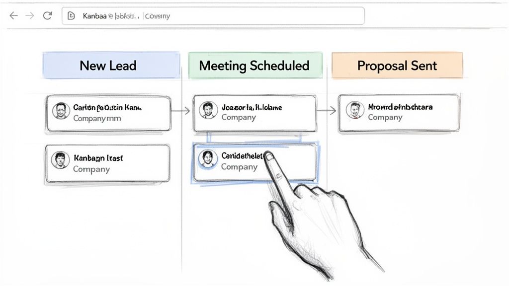 Sketch of a Kanban board in a browser, showing sales lead management with stages and cards.