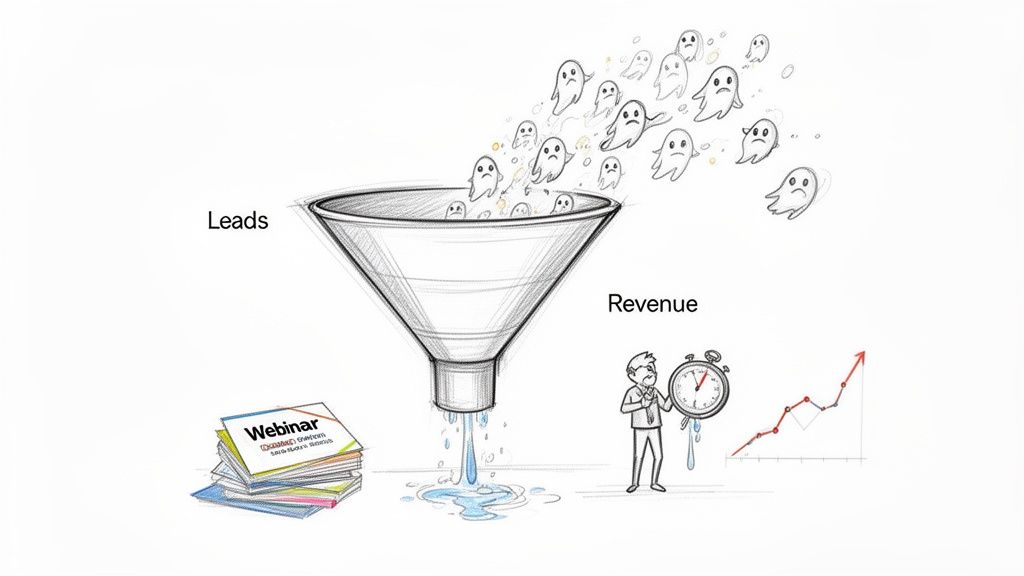 Illustration of a sales funnel with ghost leads entering, some leaking out, representing lead qualification.