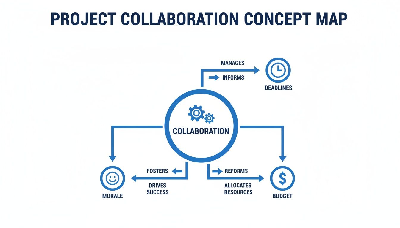 A concept map illustrating project collaboration's impact on deadlines, morale, and budget, with connecting actions.