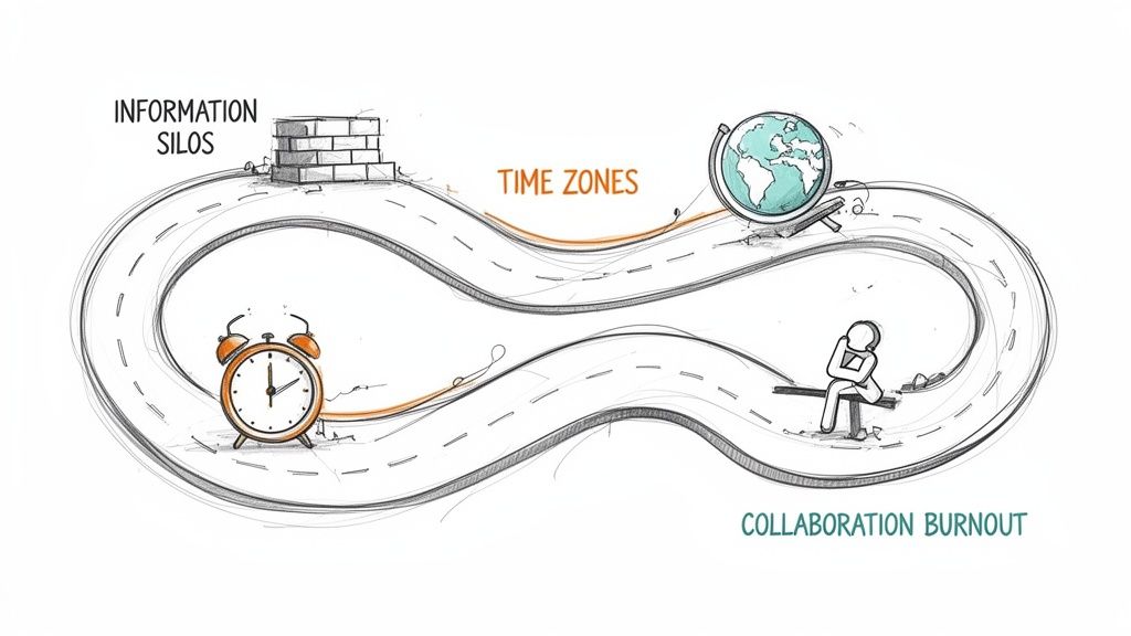 Illustration depicting common project management challenges: information silos, time zones, and collaboration burnout.