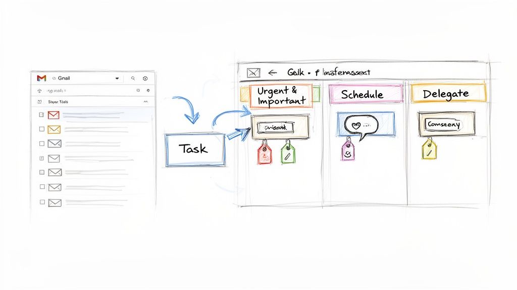 Sketch showing Gmail inbox tasks being moved and categorized into urgent, scheduled, and delegated columns for prioritization.