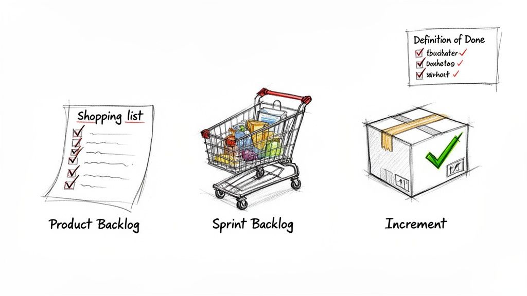 An illustration comparing Scrum concepts (Product Backlog, Sprint Backlog, Increment) to a shopping analogy.