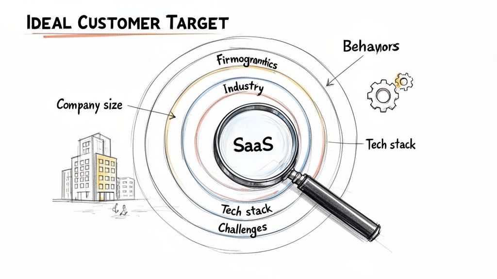 An ideal customer target diagram for SaaS businesses, focusing on firmographics, industry, and behaviors.
