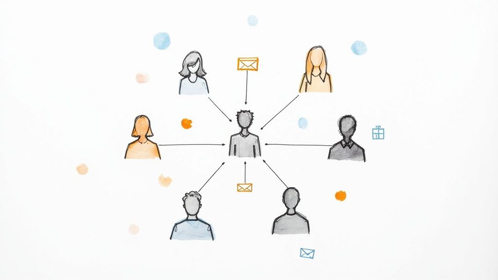 A project manager leading a team meeting, with communication icons and flowcharts overlaid to represent a planned communication strategy.