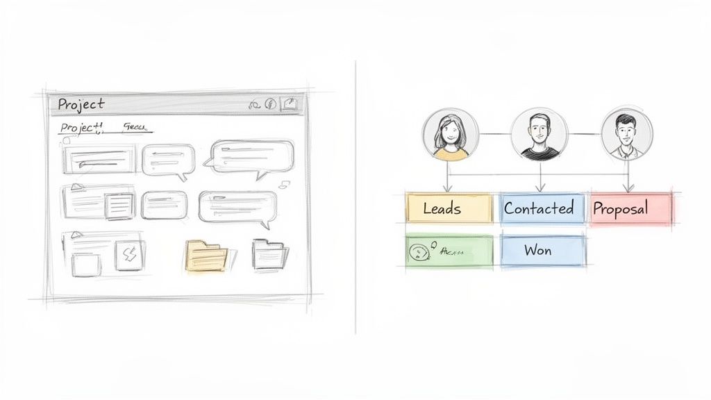 A hand-drawn sketch showing a project management interface and a sales workflow with leads and proposals.