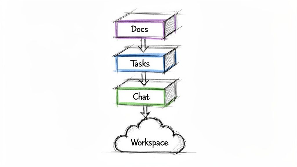 A hand-drawn diagram illustrating Docs, Tasks, and Chat integrating into a central Workspace.