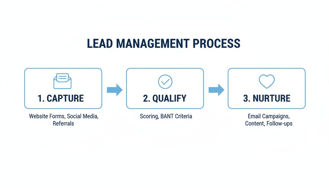 A three-step lead management process diagram showing capture, qualify, and nurture stages with details.