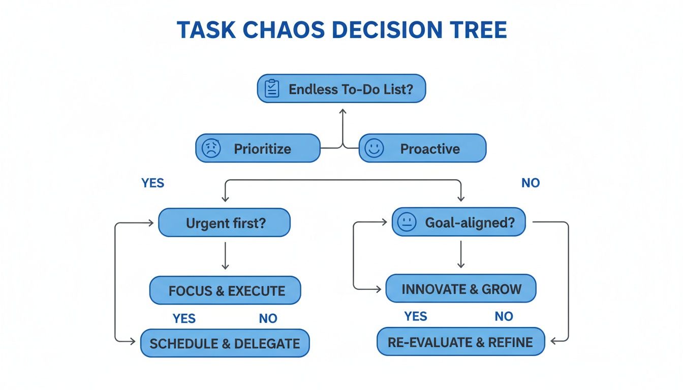 Flowchart illustrating a task chaos decision tree for prioritizing and managing an endless to-do list.